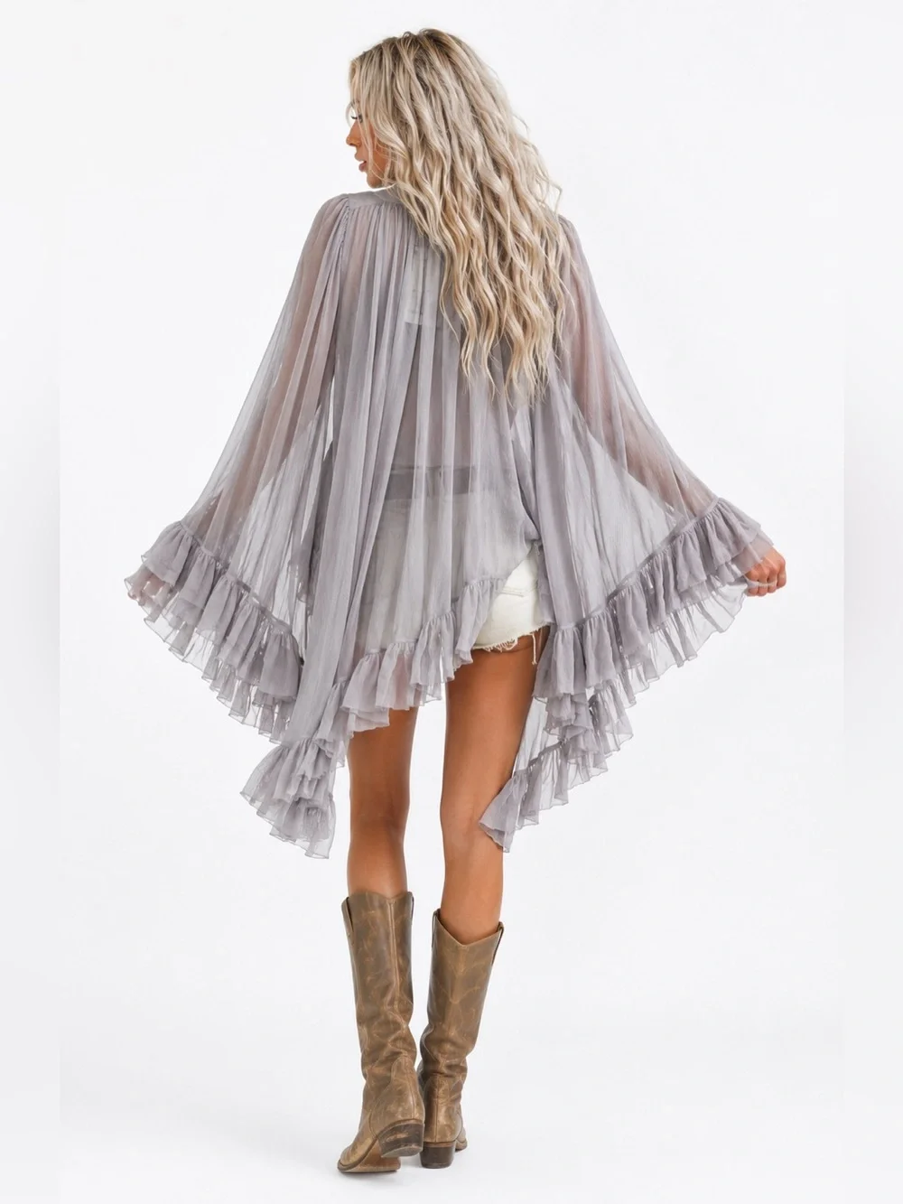 Free People Full Sleeve Frill Top Gray Dawn Light Grey Sheer Ruffle Festival SZM - Picture 2 of 7